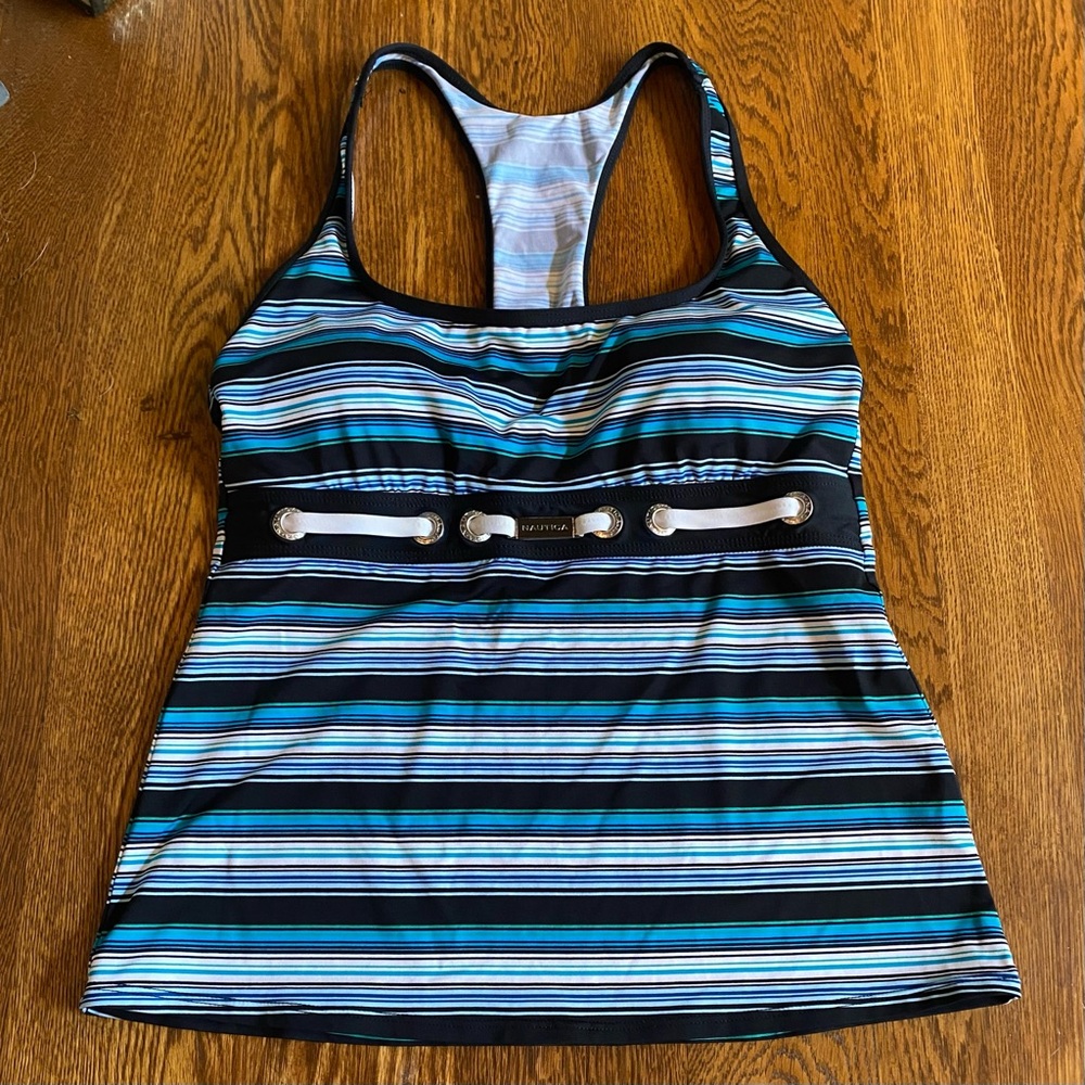 Nautica Striped Blue and Black Women's Tankini swim top only. EUC